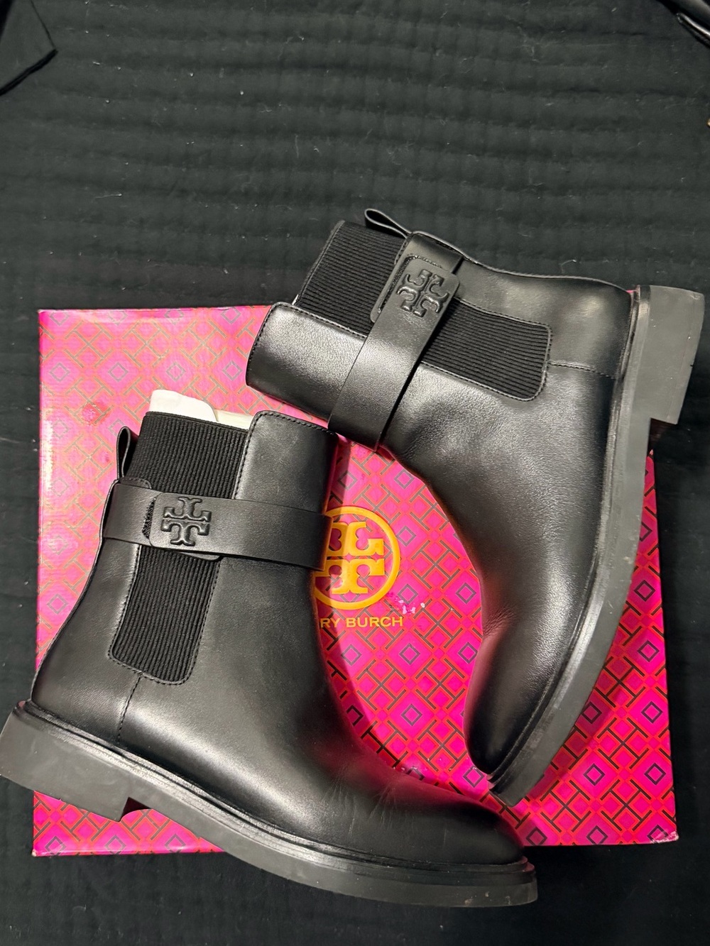 Tory Burch Black Leather Chelsea Ankle Boots with Logo Strap